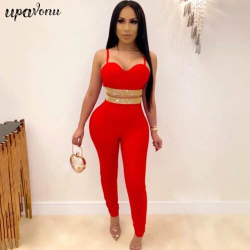 Spring 2020 WomenS Bandage Set Sexy Solid Color Spaghetti Waist Diamond+ Pencil Trousers Two-Piece Nightclub Party Vestidos