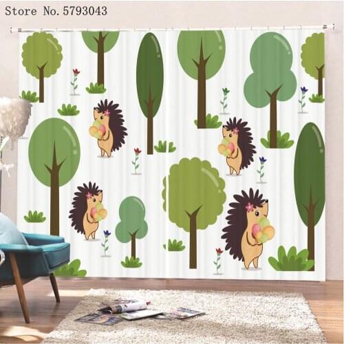 Hedgehog Window Curtains 3D Print Lovely Cute Animals Window Drapes Forest Window Treatment 2 Panels Maple Leaf Curtain Decor