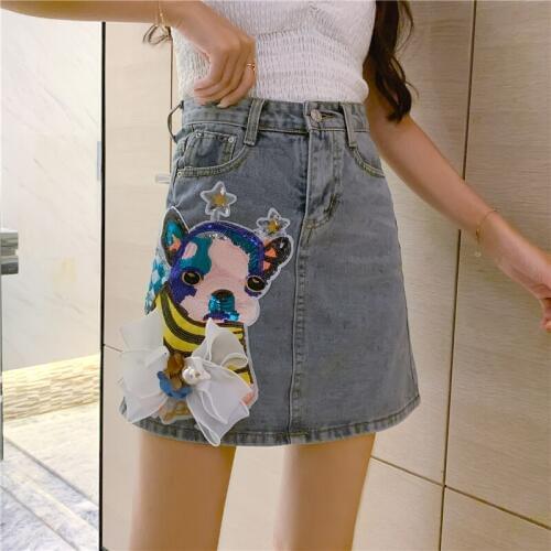 2020 Summer Women Plus Size Denim Skirt Sequined Embroidery High waist Mini Skirt Female Loose Fashion A-Line Jeans Short Skirts