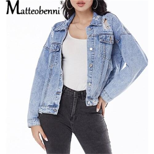 Womens Short Denim Jacket Casual Loose Plus Size Spring Jeans Coats Ripped Holes Jeans Jacket Women Vintage Bomber Denim Coat