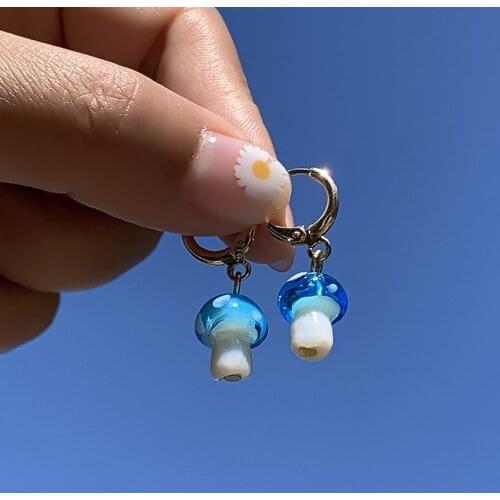Ins 2021 New Glass Glazed Mushroom Drop Earrings for Women Korean Fashion Transparent Plant Earring Statement Jewelry