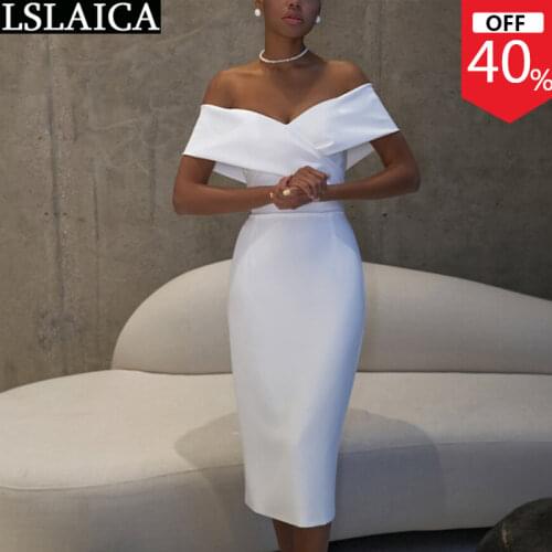 Dropshipping Chic Woman Dress Off Shoulder Slim Elegant Summer White Dress for Women Hem Split Night Party Club Wear Midi Dress