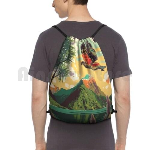 Sound Backpack Drawstring Bag Riding Climbing Gym Bag Kea Nz New Zealand Sound Fiordland Vintage Travel Screenprint Colour