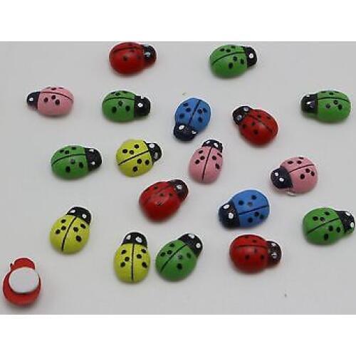 100 Mixed Color Wooden Red Ladybird Ladybug Beetle Fairy Garden Self-Adhesive