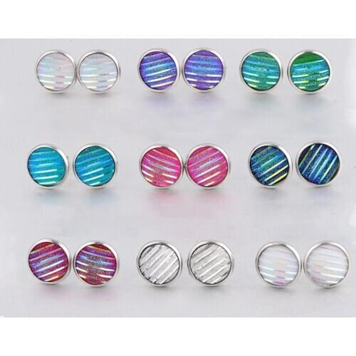 12mm Striped Druzy Drusy Stainless Steel Stud Earrings Glittery Bright Gypsophila Resin Cabochon Earrings for Women Jewelry Gift