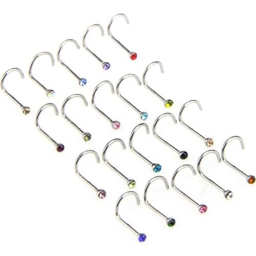 20pcs/lot Colorful Stainless Steel Crystal Rhinestone Nose Studs Hooks Bar Body Piercing Jewelry Make you charmer and elegant