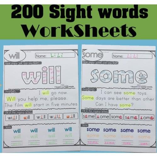 200 Sight Words Wooksheet Children Learning English language Exercise reading coloring books for kids learn english book set