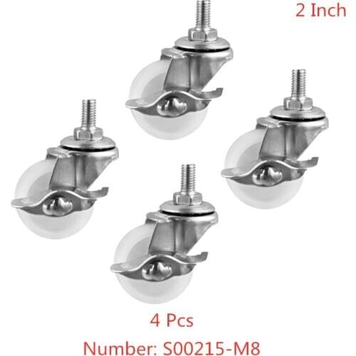 4 Pcs/lot Casters 2 Inch M8 Screw With Brake Wheel Light White Pp Wear-Resistant Universal Roller Supermarket Shelf