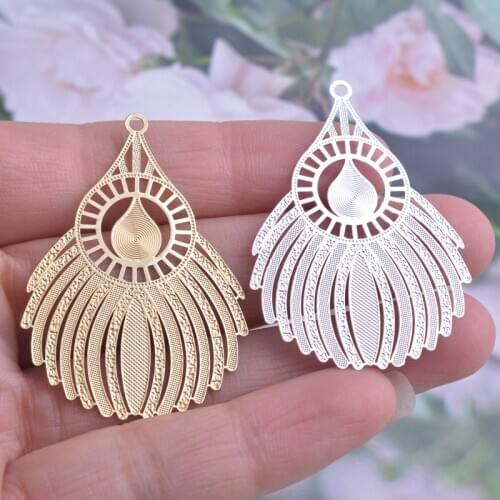 6pcs 30*45 mm Light gold Color Feather Charms Silver color Peacock feathers shape charms laser Cut Brass Jewelry DIY Earring