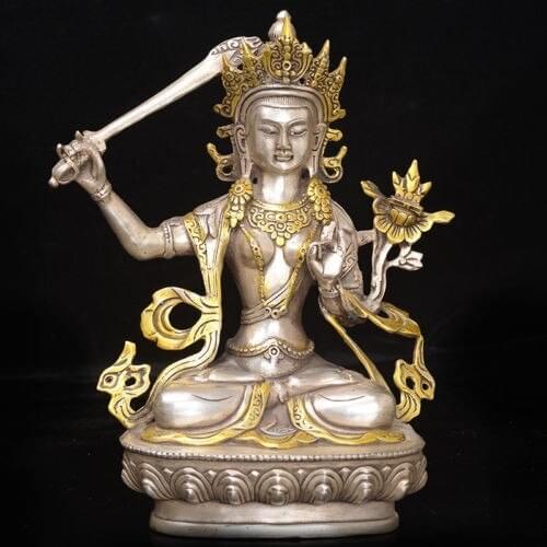 Estatua de budismo tibetano dorada de plata tibetana de la vendimia China --- Manjushri