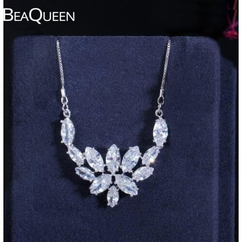 BeaQueen New Fashion Marquise Cubic Zirconia Crystal Leaf Flower Pendant Necklace Silver Color Party Jewelry for Women N012