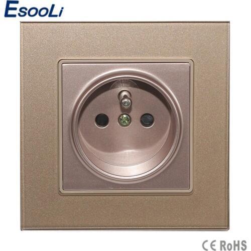 Esooli Free shipping Luxury French Socket Golden Crystal Glass Switch 2 Pin French Wall Plug Socket,tempered Crystal Glass Panel