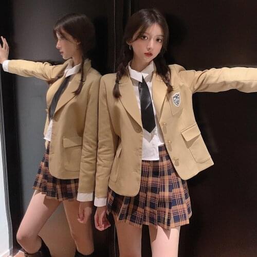 Jk college style blazer jacket white shirt plaid pleated skirt three-piece black bow tie age-reducing students
