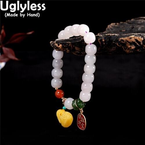 Uglyless Elastic Rope Beading Natural Amber Agate Jasper Nephrite Bracelets for Women 925 Silver Charms Fine Jewelry Gemstones