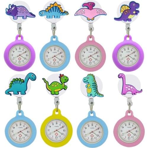 Lovely Mini dinosaur Silicone Retractable Pocket Watches Clock for Unisex Women Mens Nurse Doctor Hospital Medical Offiers Gifts