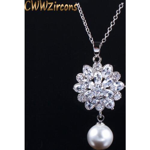 CWWZircons Elegant Silver Color Sparkling White Cubic Zirconia Crystal Pearl Drop Pendant Necklace Jewelry For Ladies CP015