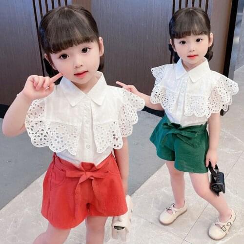 Baby Girls' Suit 2021 Summer New Fashion Child Hollow Lace Large Lapel Shirt + Bow Shorts 2Pcs Set 2-6 Years Kids Costume