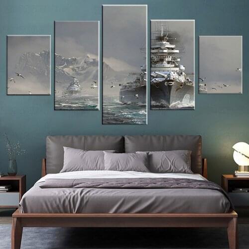 Canvas Paintings Wall Art HD Prints Modular Frame 5 Pieces Battleships Seagull Seascape Pictures Warship Game Poster Home Decor