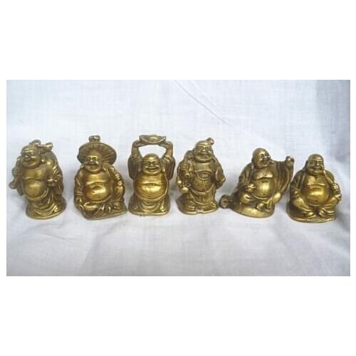 Old craft$ Chinese Brass YuanBao Wealth Money Bag 6 Happy Laughing Maitreya Buddha Statue