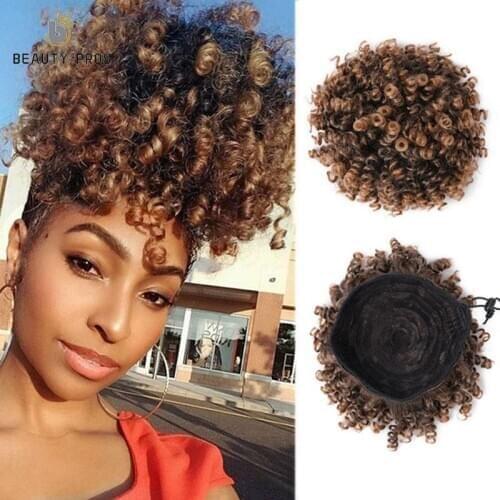 BEAUTY PROS High Puff Afro Curly Wig Ponytail Drawstring Short Afro Kinky Chignon Bun Hairpiece Pony Tail Clip In on