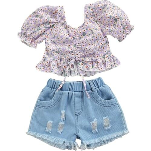 Little Girls Summer Set Fashion Floral Short Sleeve Ruffles V-Neck Tops and Solid Color Ripped Denim Short Pants 1-7Years