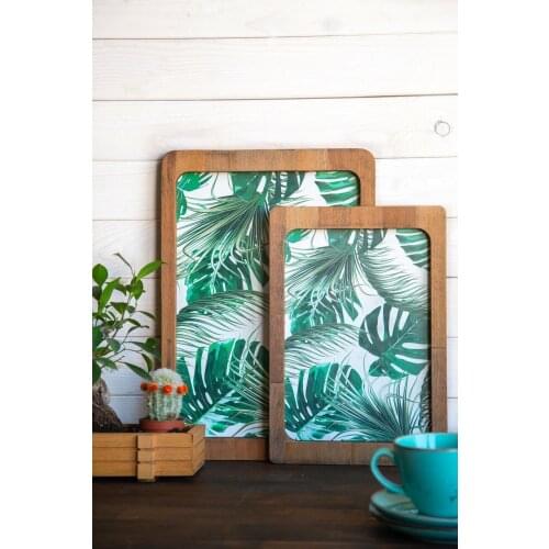 Set of 2 Wooden Trays Elephant Pattern-Retro Blue Pattern-Green Leaf Pattern Tea tray Small-Large Set wooden tray