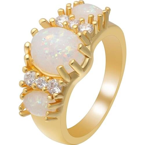 New Classic White Fire Opal Oval Ring Jewelry Gold Color Fashion CZ Wedding Bands Party Cocktail Ring For Women Accessories