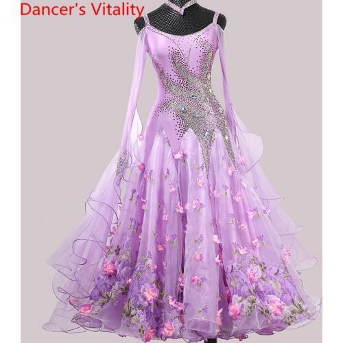 New National Standard Dance Competition Costume Sparkling Diamond Floral Dress Ballroom Waltz Jazz Modern Dancing Stage Outfits