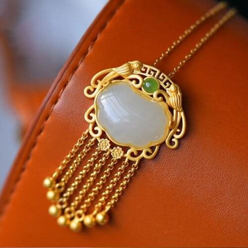 Newsilver inlaid natural Hetian Jasper Pendant Necklace Chinese classical palace style gilded light luxury charm womens jewelry