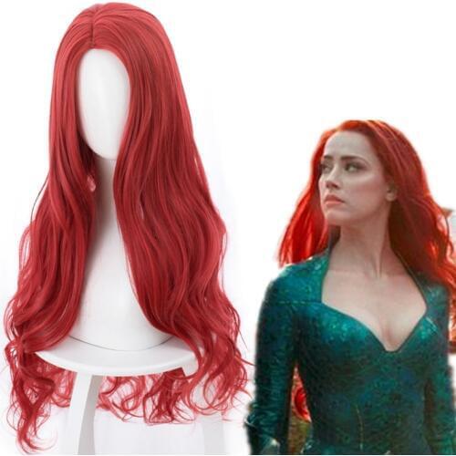 Movie Aquaman Mera Cosplay Wig 85cm Red Long Curly Wavy Heat Resistant Synthetic Hair Women Party Wig + Wig Cap