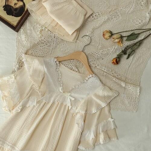 Summer Pajamas Women New Loose Bow V-neck Ruffled Apricot Sleepwear Set Lady Solid Color Short Pants Cotton Homewear Suit