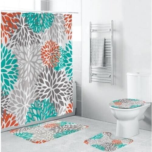 Sunflower Pattern Printed Pattern Shower Curtain Pedestal Rug Lid Toilet Cover Mat Bath Mat Set Bathroom Curtains with Hooks