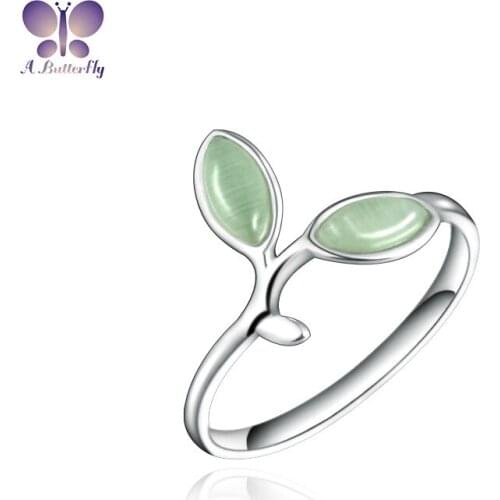 925 Sterling Silver Opening Adjustable Ring Opal Green Leaf Bud Band Fashion Jwelry