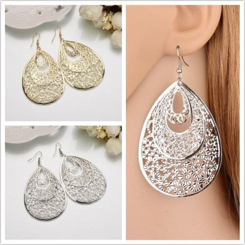 Bohemian Solid Color Hollow Metal Oval Flower Petal Pattern Inlaid Drop Earrings Punk Circle Pendent Earrings for Women Girls