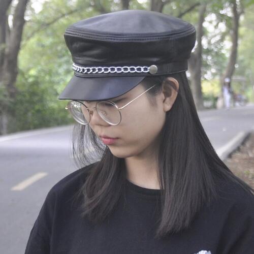 Leather Hat Youth Men Women Navy Military Cap Sheepskin Chain Student Hats Autumn Winter Flat Top Fashion Male Female Caps H7010