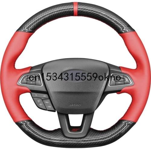 Sew DIY Red Leather Carbon Fiber Car Steering Wheel Cover For Ford Focus ST RS 2015-2018 Car Accessories