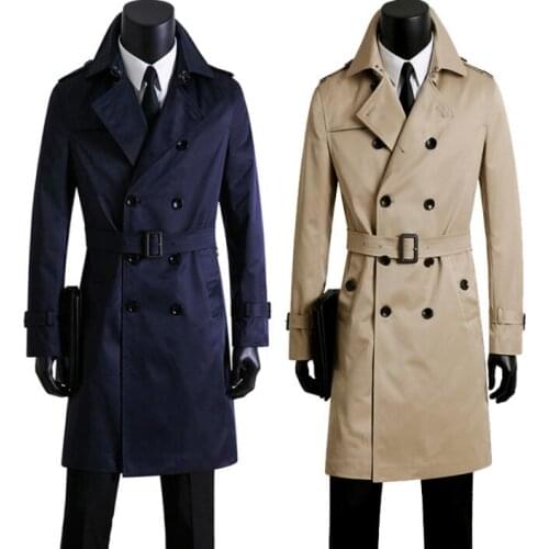 Mens trench coats blue khaki spring autumn man double breasted long coat men clothes 9XL slim fit overcoat long sleeve