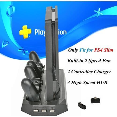 PS4 Slim Console Vertical Cooling Stand with Dual Joystick Controller Charger Dock Station for Sony Playstation 4 Slim Games