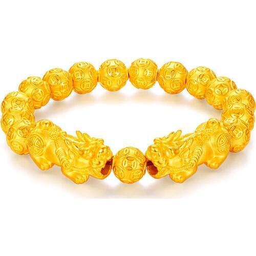 Vietnam Sand Gold Pixiu Feng Shui Pendnat Gold Beaded Bracelet Animal Religious Men and Womens Jewelry
