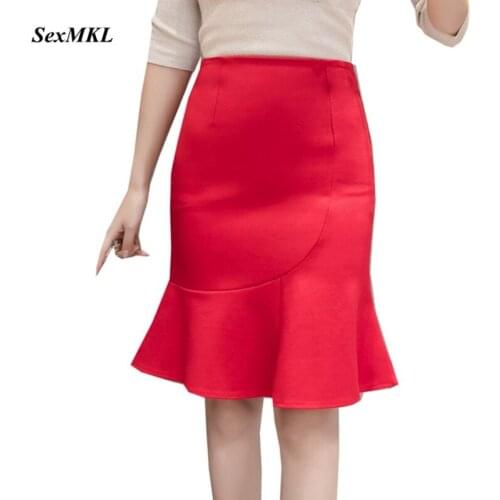 Plus Size Skirts Womens 2020 Elegant Spring Summer Casual Black Skirt Zipper Ruffle Sexy Office Ladies High Waist Red Skirt Jupe