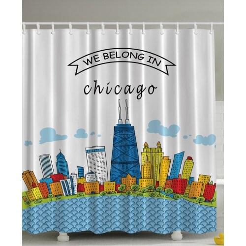 Chicago Skyline Cartoon Colorful City View Cityscape USA American Home and Apartment Decor Art Funny Quote Design Shower Curtain