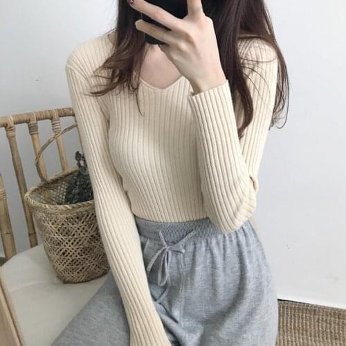 Autumn New Women Ribbed Knit Long Sleeve Shirts Elegant Fashion Solid Color Slim-Fit V-Neck Pullovers Tops for Ladies Blouse