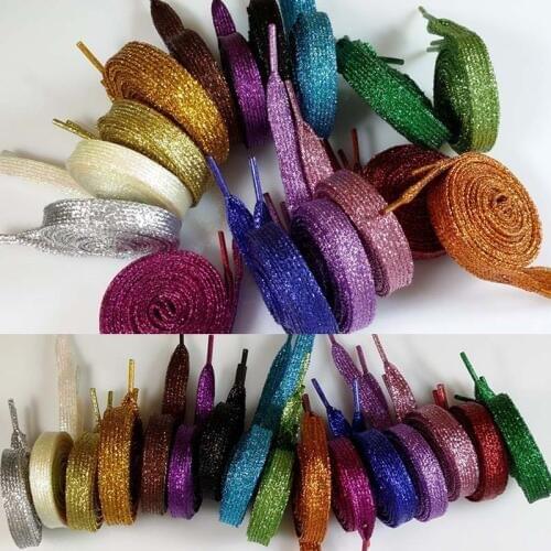 Women Shiny Gold 1 Pair Flat Shoelaces Bootlaces 16 Colors Sport Sneakers Shoe Laces Strings Silver Thread Fashion Shoestrings