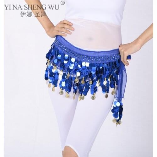 Women Colorful India Belly Dancer Costume Stage & Dance Wear Hip Scarf Wrap Hanging Coins Sequins Belt Coin Chiffon Waist Belt