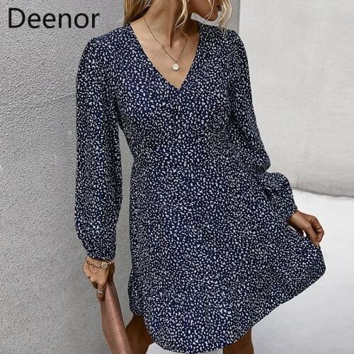 Deenor Spring Summer Sexy V-neck Floral Dress Women Casual Slim Ruffles Vintage Mini Dress Elegant Fashion Vestidos Female