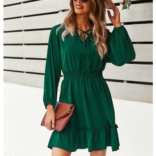 Women Dress Solid Color Ruffles V-Neck A-Line Long Sleeve Casual Mini Sundress Autumn Holiday Party Dress