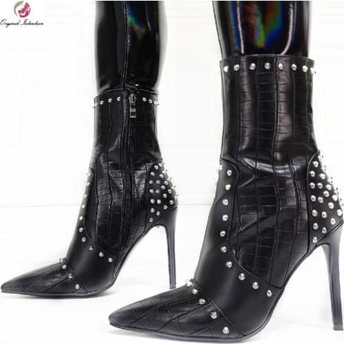 Winter PU Leather Short Boots Women Pointed Toe Side Zipper Thin Heels Ladies Rivet Ankle Boots Woman Booties Shoes Size 36 47