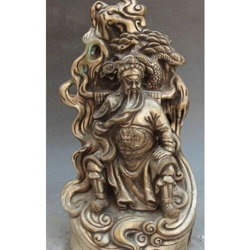 14" China Bronze Pine Tree Dragon Seat Guangong Guan Gong Yu Warrior God Statue
