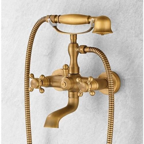 Antique Brass Bathroom Faucet Telephone Style Bathtub Faucet With Hand Held Shower Wall Mount Bath Shower Faucet Mixer Tap