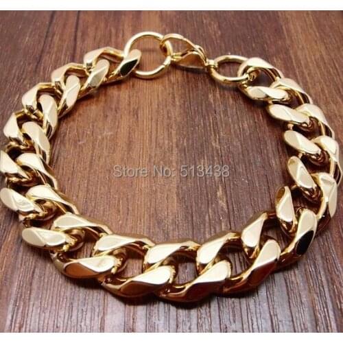 Yellow Gold Mens Stainless Steel Huge Heavy Chain Link (Curb) Bracelet 14mm 9